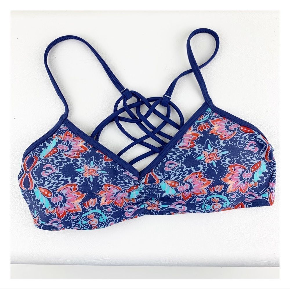 Hollister Navy Floral Bikini Top Cross-Laced Back